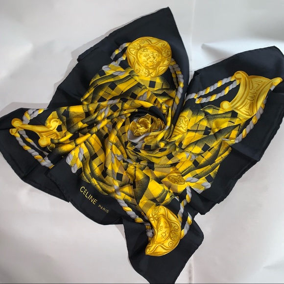 CELINE gold/black tartan plaid SILK TWILL scarf signature MACADAM logo at center - Picture 5 of 11
